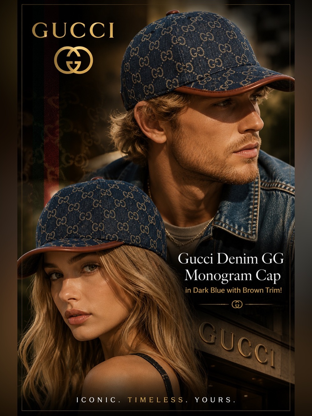New!🔥Gucci Denim GG Monogram Cap in Dark Blue with Brown Trim!🔥